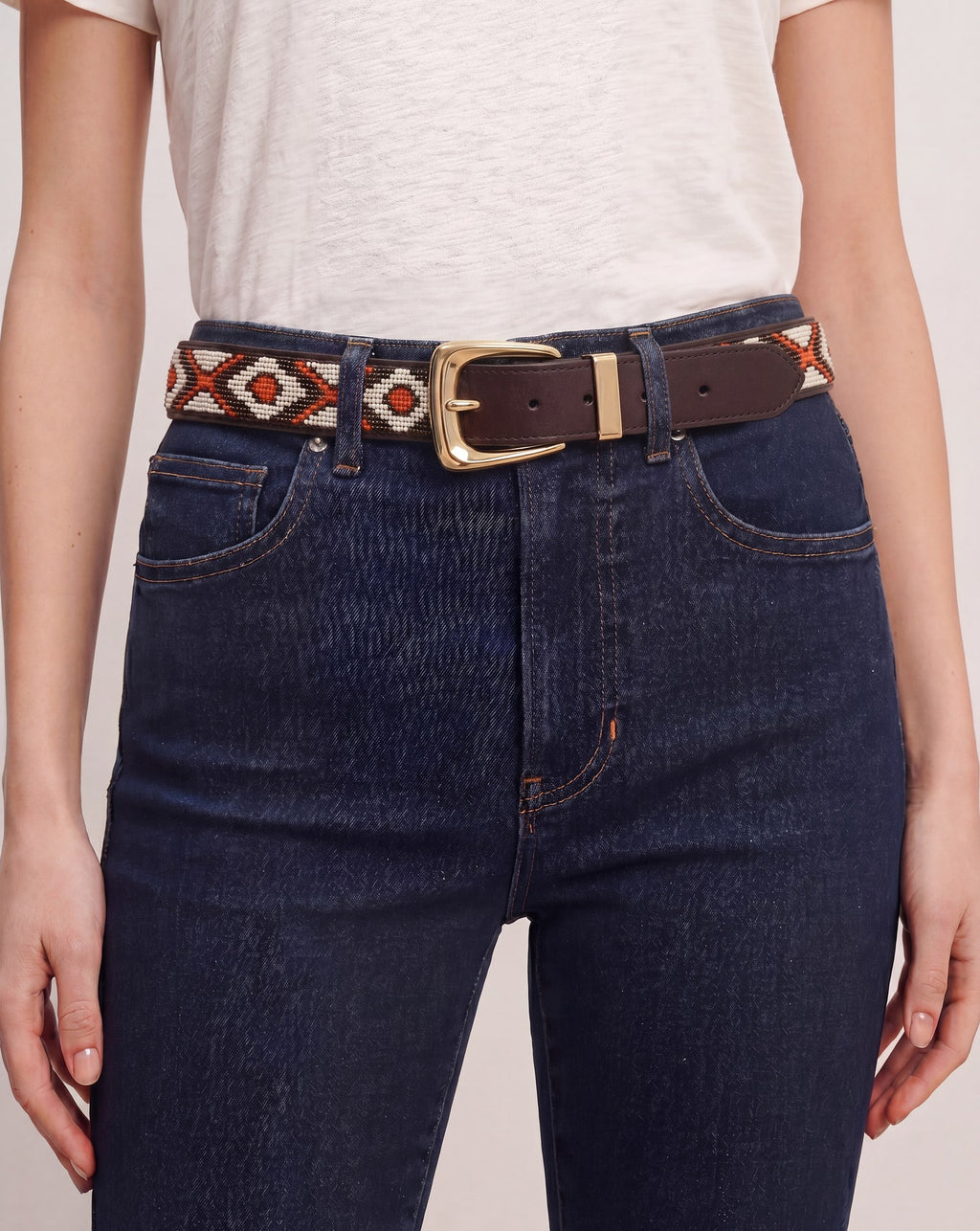Veronica Beard Brown leather belt with white, orange, and brown