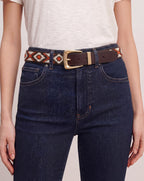 Veronica Beard Brown leather belt with white, orange, and brown
