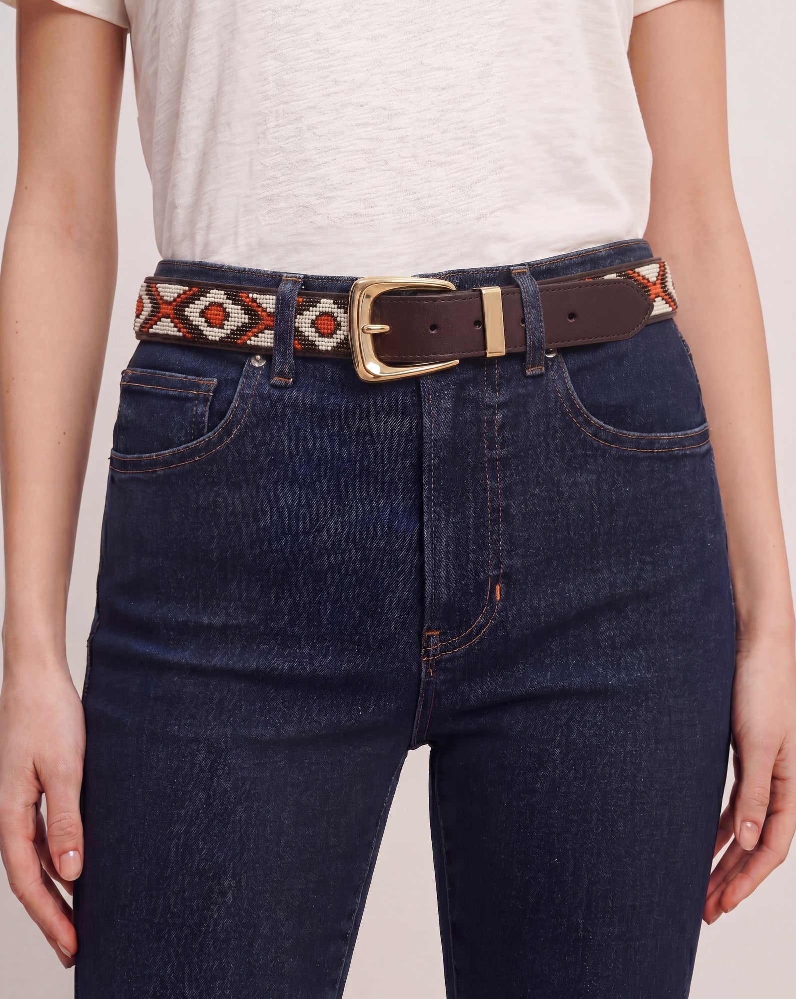 Veronica Beard Brown leather belt with white, orange, and brown