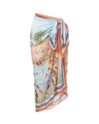 Veronica Beard White bikini top and light blue patterned sarong.
