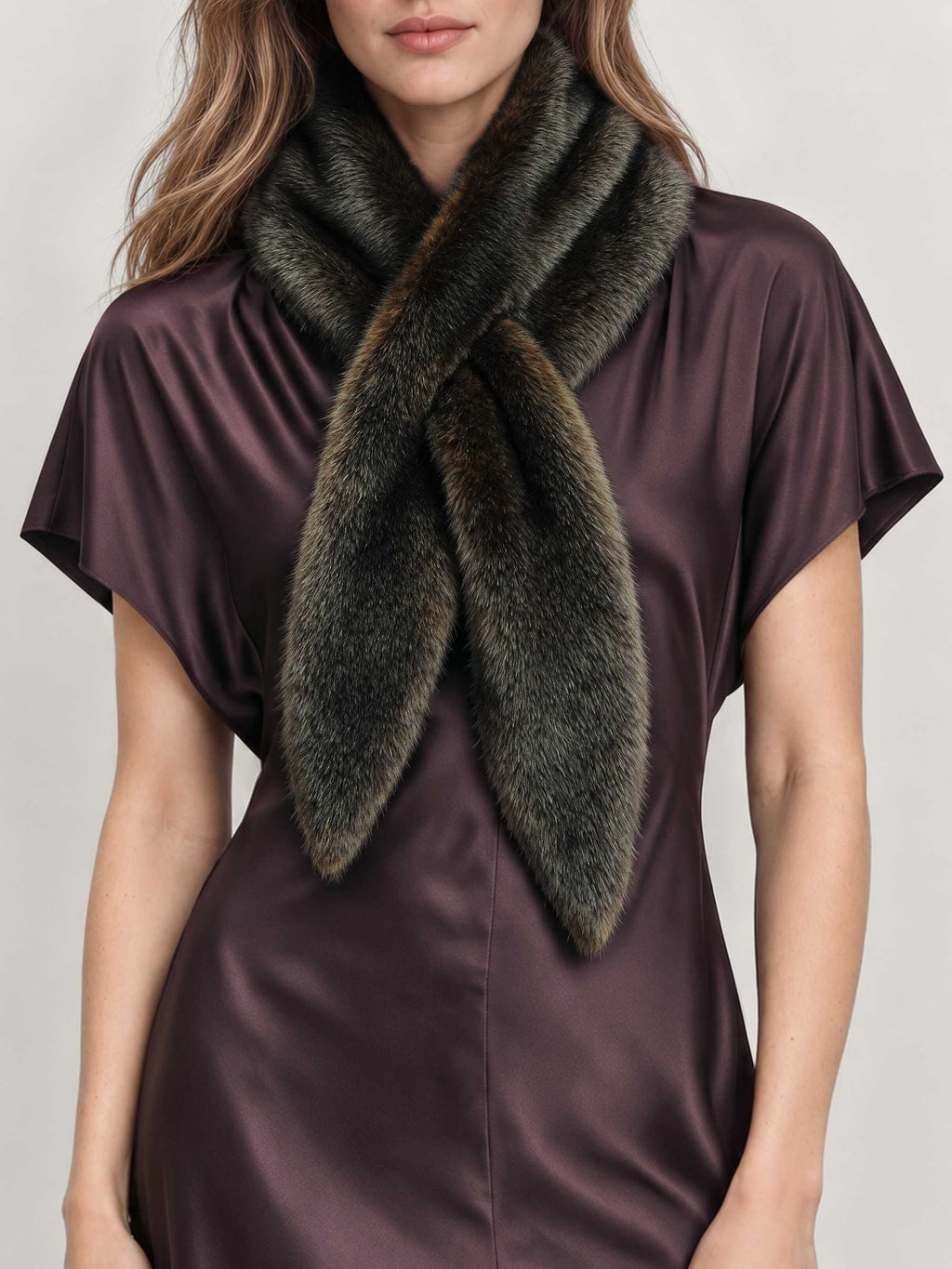 Veronica Beard Plum silk dress and fur scarf.