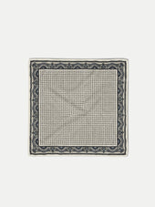Veronica Beard White silk pocket square with black and purple geometric pattern.
