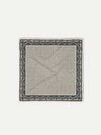 Veronica Beard White silk pocket square with black and purple geometric pattern.