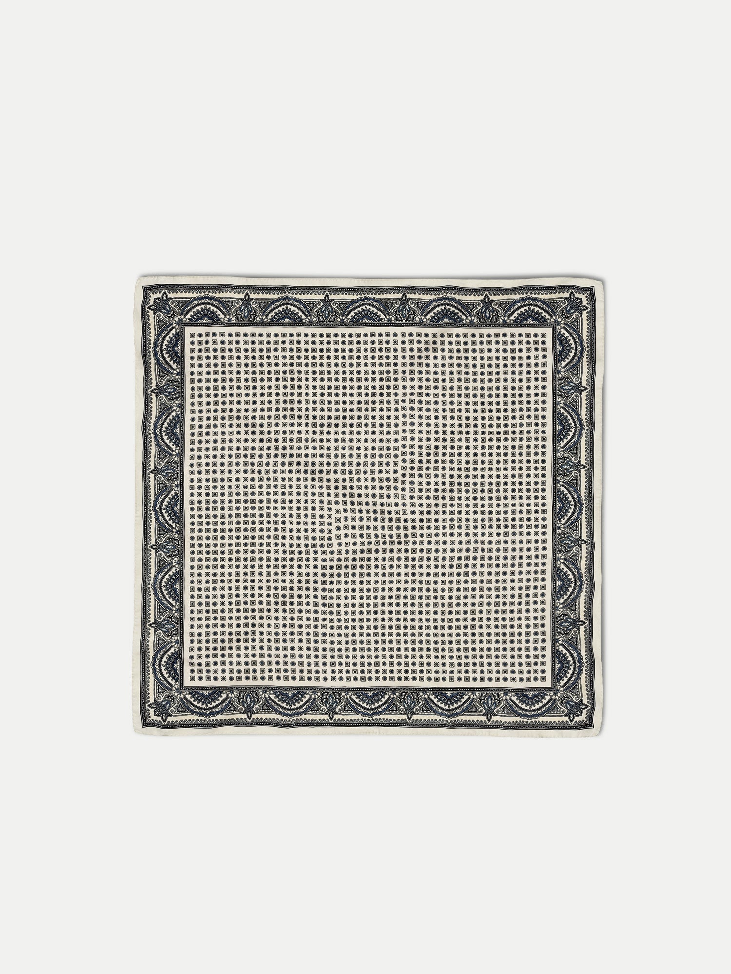 Veronica Beard White silk pocket square with black and purple geometric pattern.