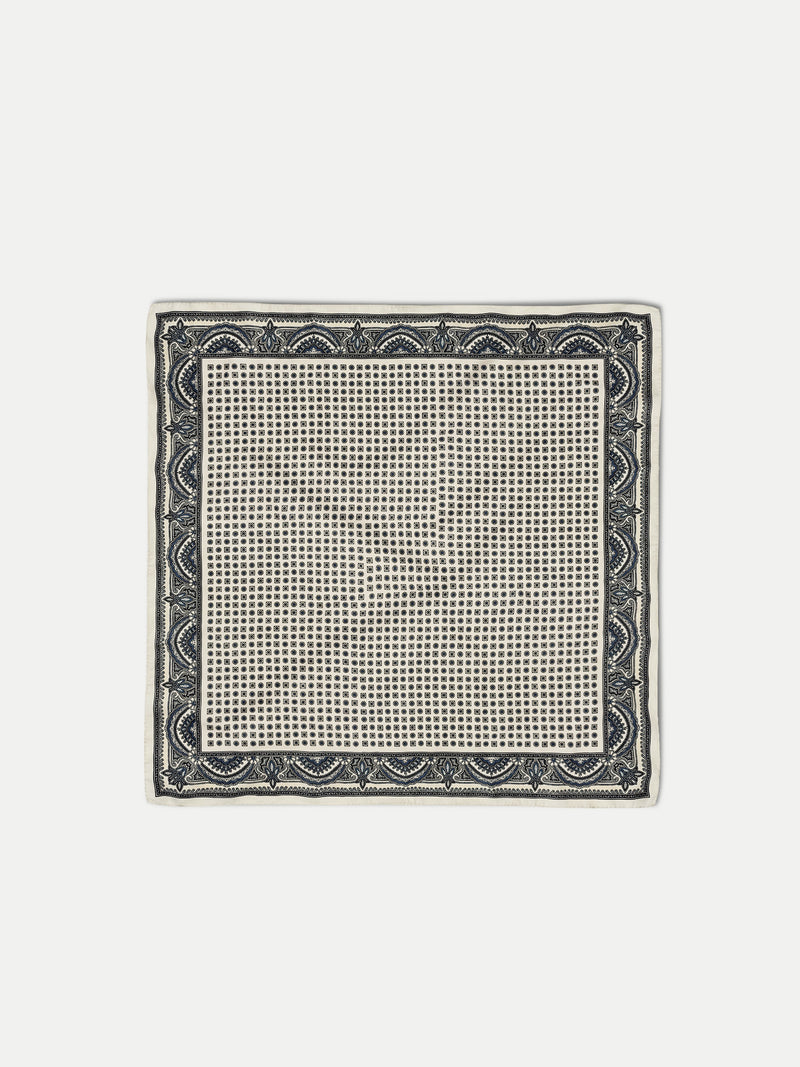 Veronica Beard White silk pocket square with black and purple geometric pattern.