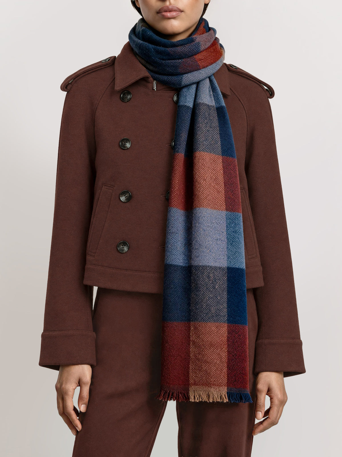 Veronica Beard Brown double-breasted cropped coat and plaid scarf.