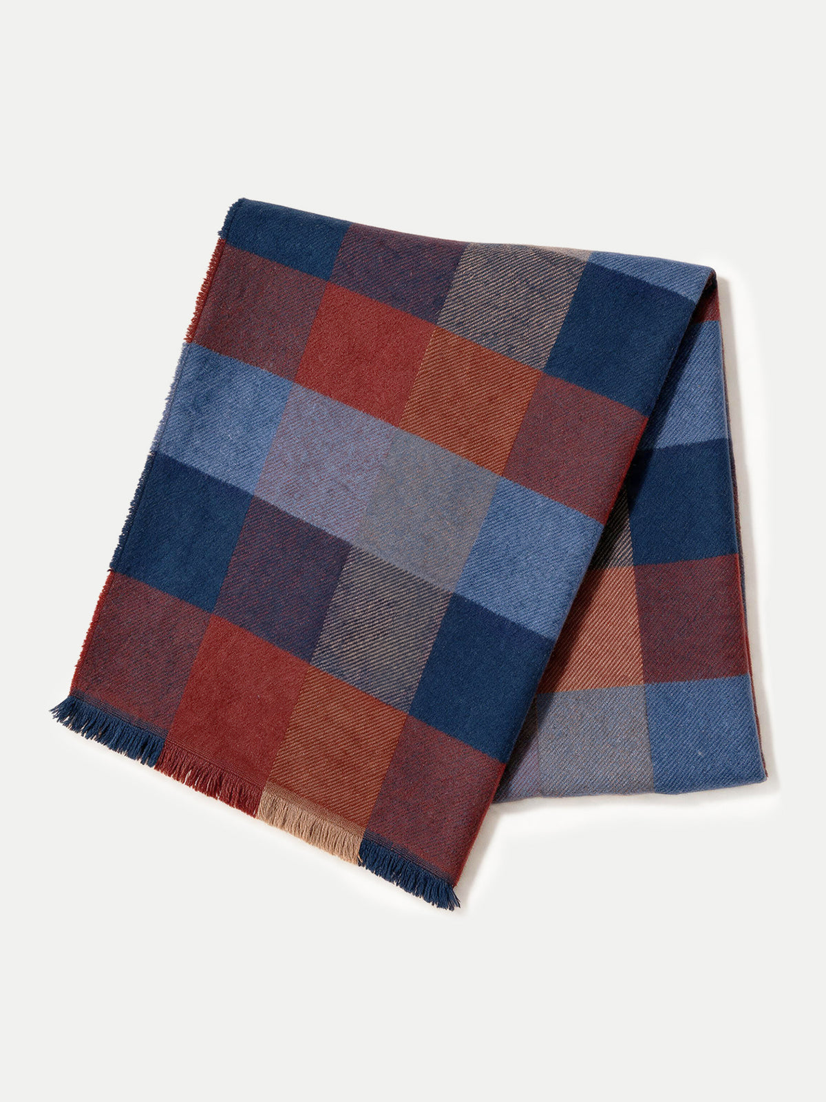 Veronica Beard Blue and red plaid fringed woven scarf.