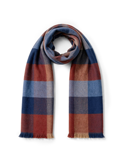 Veronica Beard Blue, red, and orange plaid fringed wool scarf.