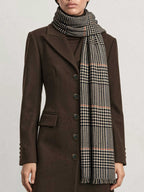 Veronica Beard Brown wool coat and houndstooth scarf.