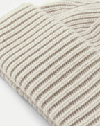 Veronica Beard Beige ribbed knit wool beanie closeup.
