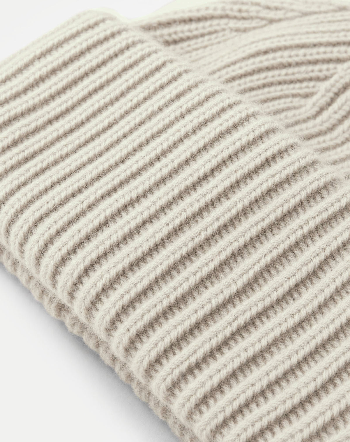 Veronica Beard Beige ribbed knit wool beanie closeup.