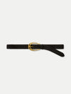 Veronica Beard Black suede belt with gold horseshoe buckle.