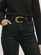 Veronica Beard Black suede belt with gold horseshoe buckle