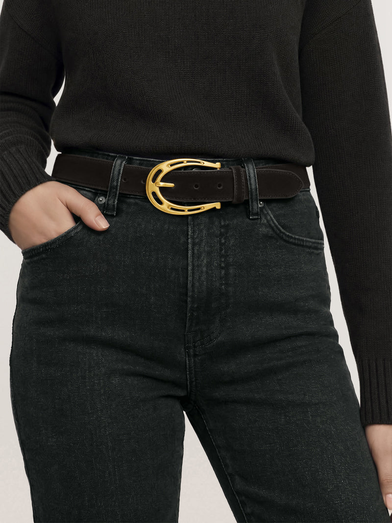 Veronica Beard Black suede belt with gold horseshoe buckle