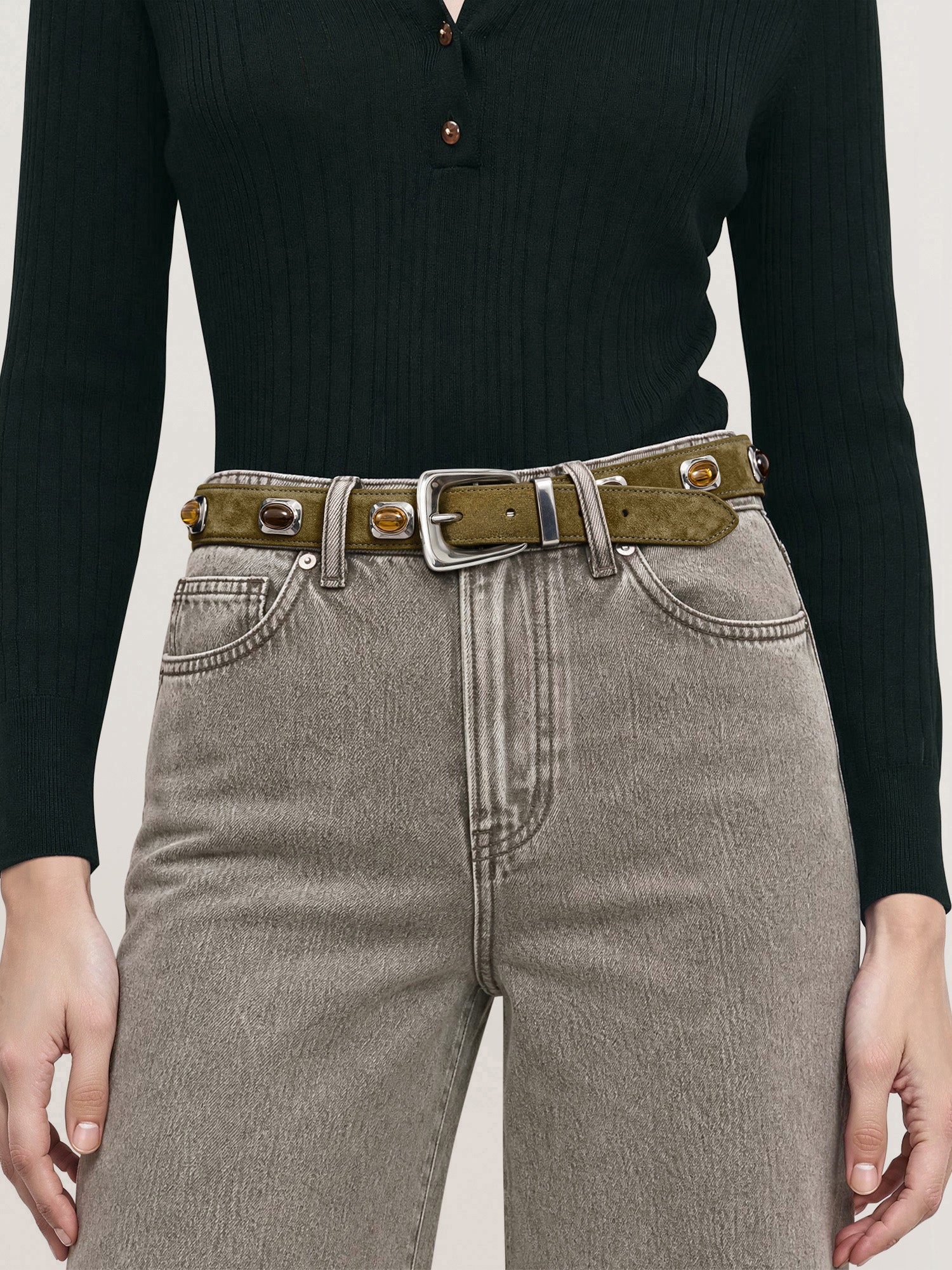 Veronica Beard Olive suede belt with silver buckle and amber stones.