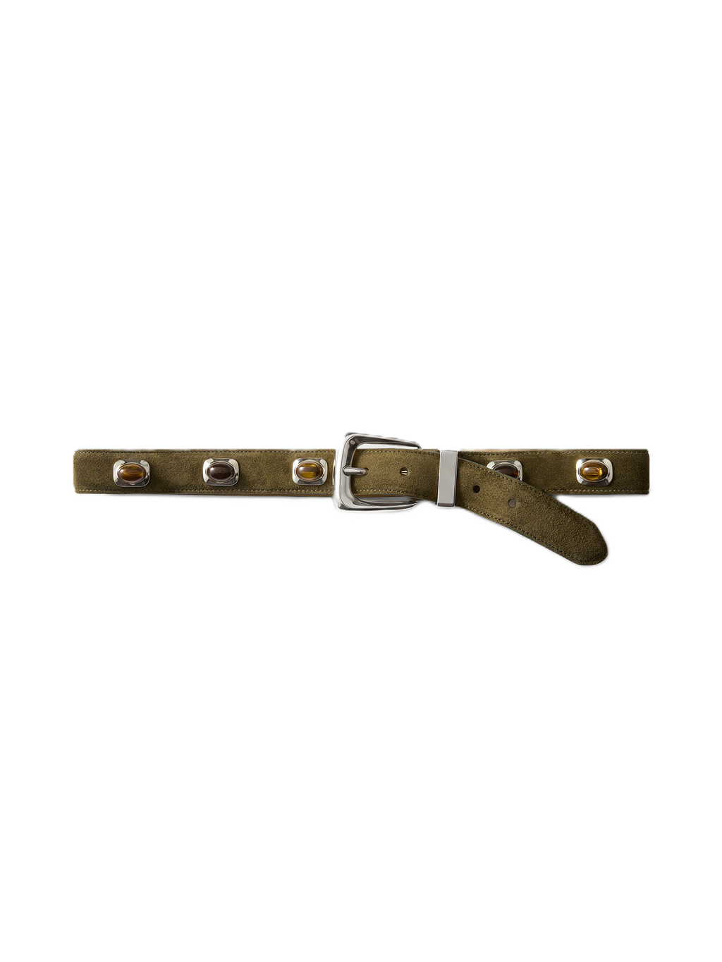 Veronica Beard Olive suede belt with amber-colored stone accents.