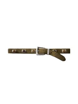Veronica Beard Olive suede belt with amber-colored stone accents.
