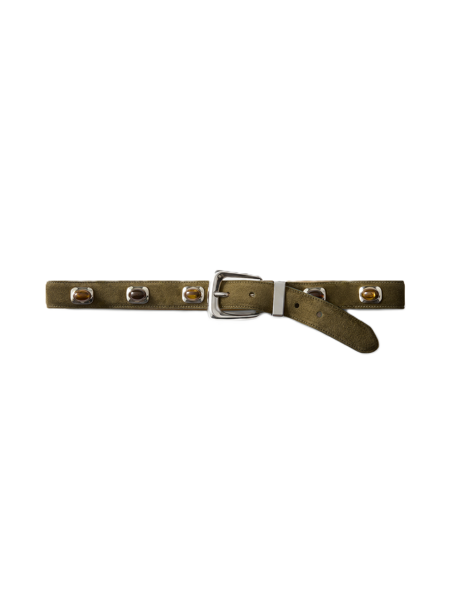 Veronica Beard Olive suede belt with amber-colored stone accents.