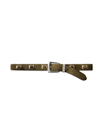 Veronica Beard Olive suede belt with amber-colored stone accents.