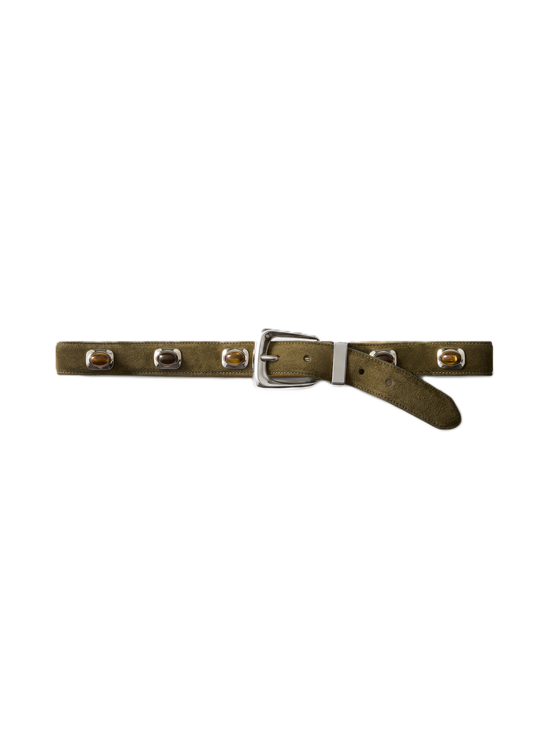 Veronica Beard Olive suede belt with amber-colored stone accents.