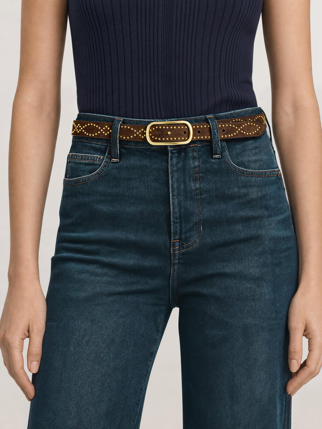 Veronica Beard Brown studded leather belt with gold buckle