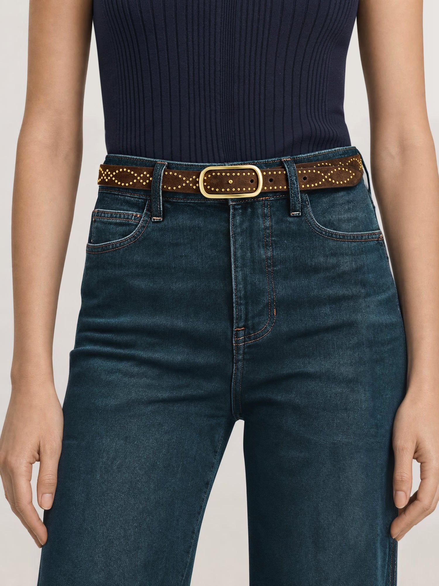 Veronica Beard Brown studded leather belt with gold buckle