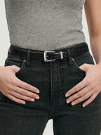 Veronica Beard Dark brown crocodile embossed leather belt with silver buckle.