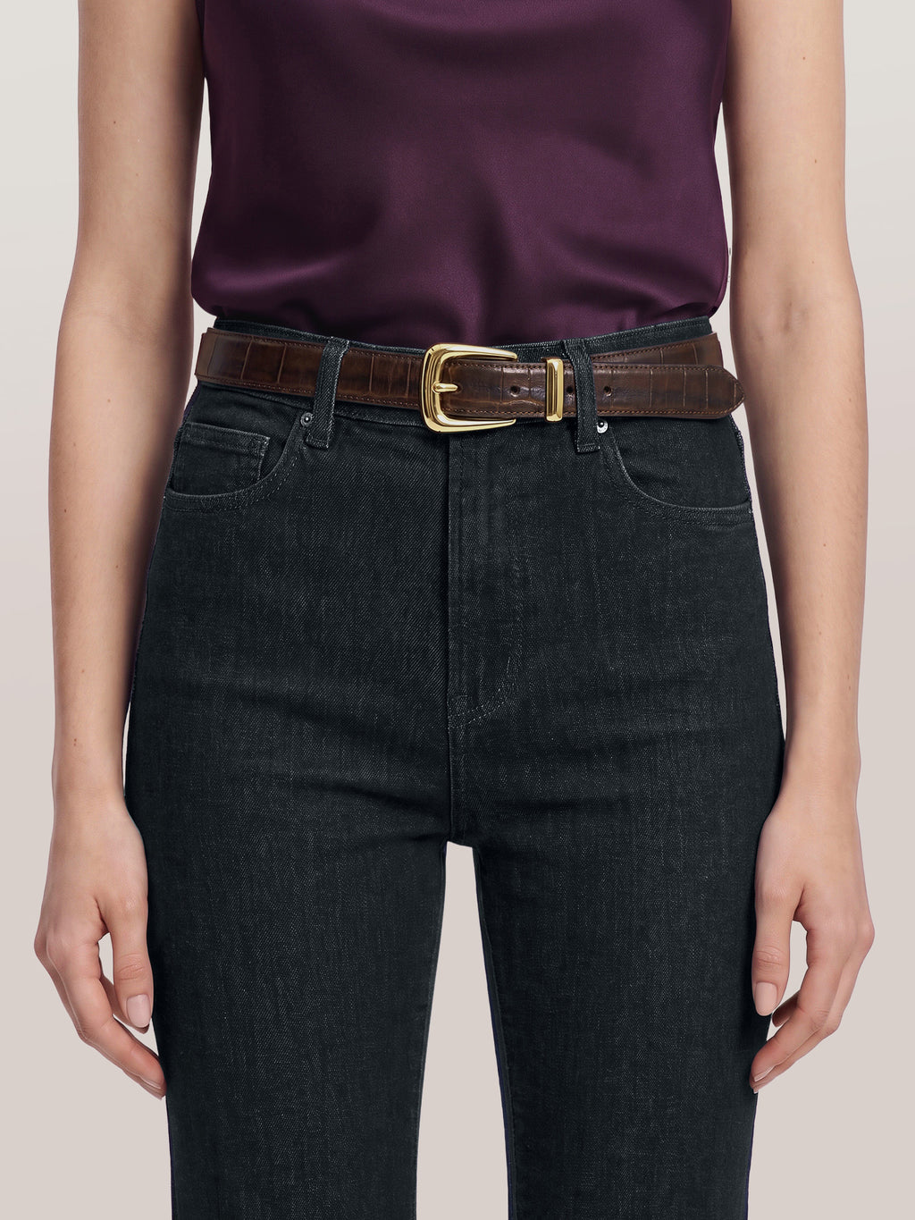 Veronica Beard Dark brown crocodile-embossed leather belt with a gold buckle.
