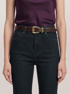 Veronica Beard Dark brown crocodile-embossed leather belt with a gold buckle.