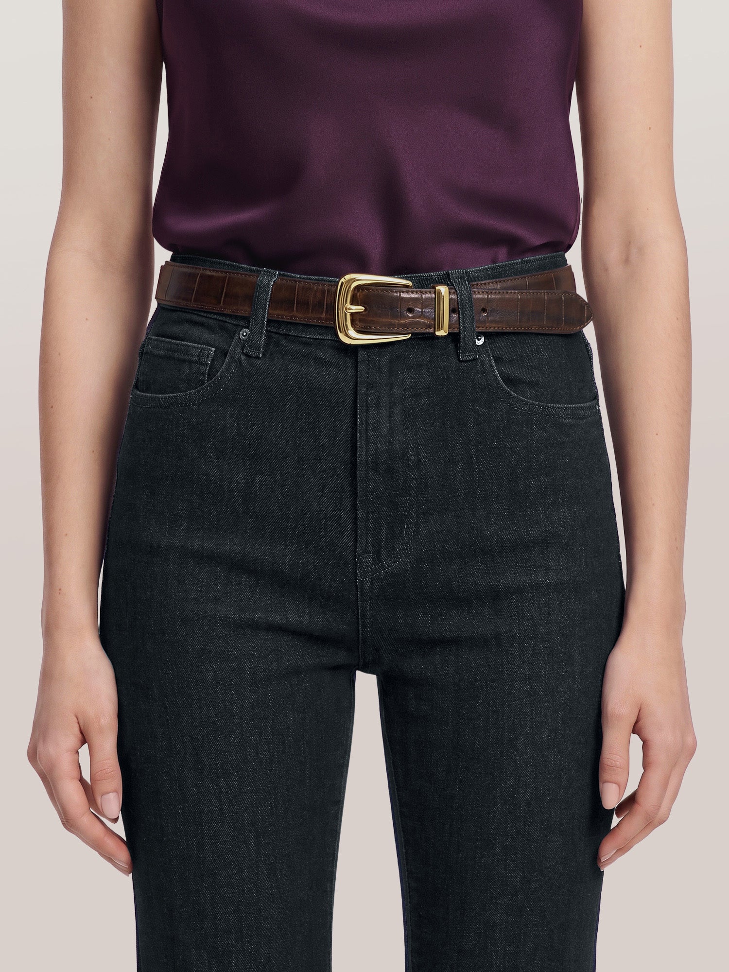 Veronica Beard Dark brown crocodile-embossed leather belt with a gold buckle.
