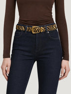 Veronica Beard Zebra print calf hair belt with gold buckle.