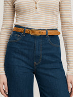 Veronica Beard Brown leather belt with gold buckle and stitching