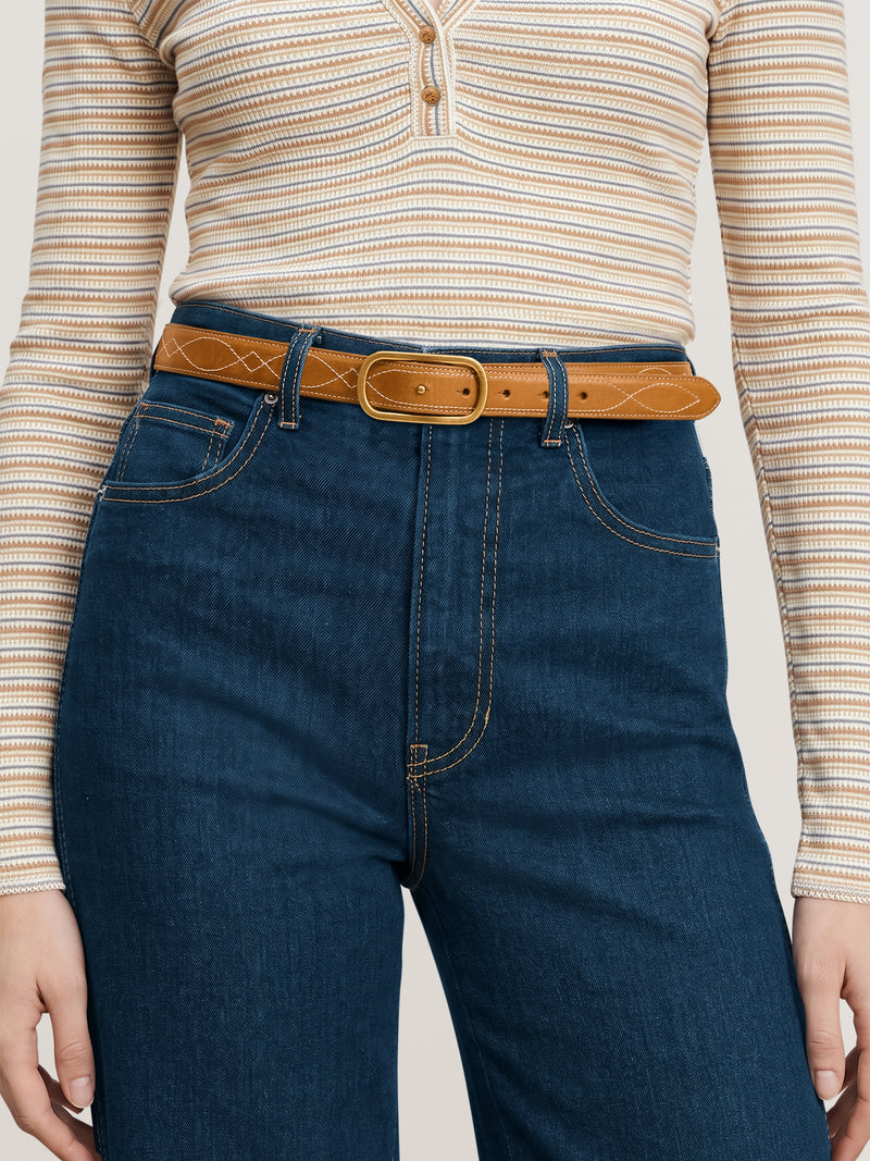 Veronica Beard Brown leather belt with gold buckle and stitching