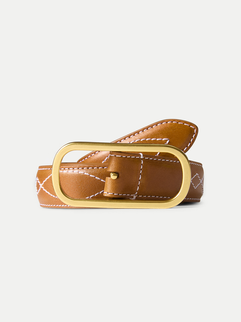 Veronica Beard Brown leather belt with white stitching and gold buckle.