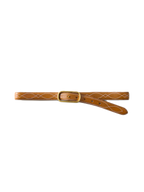 Veronica Beard Brown leather belt with gold buckle and white stitching.