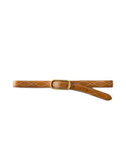 Veronica Beard Brown leather belt with gold buckle and white stitching.