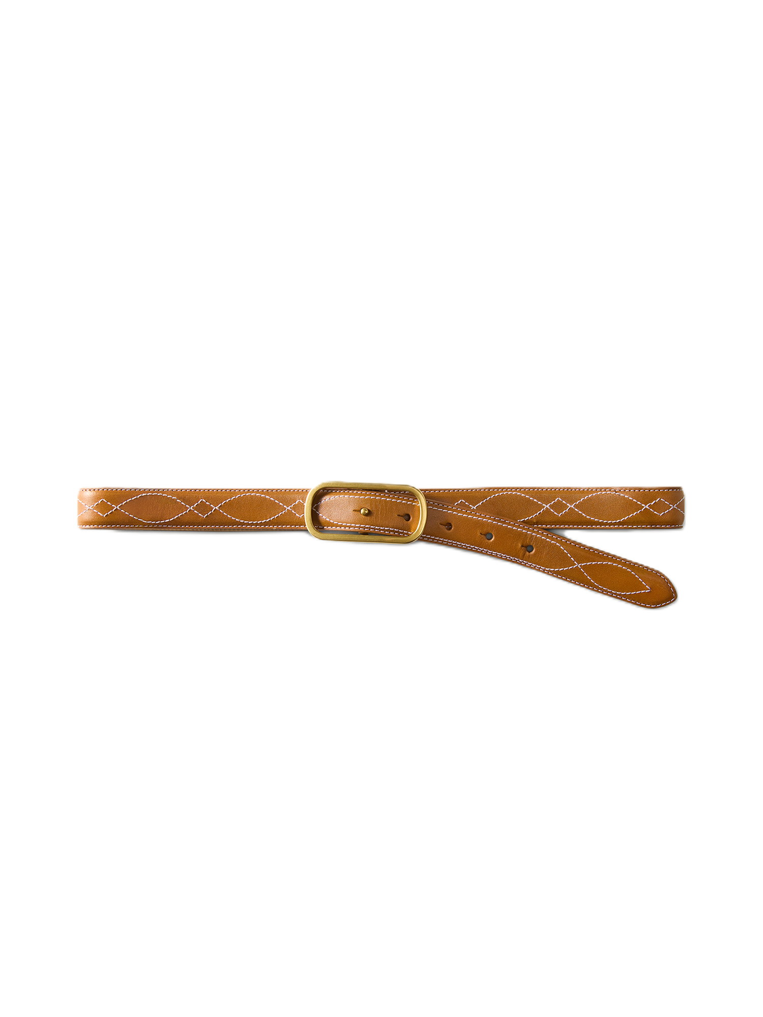 Veronica Beard Brown leather belt with gold buckle and white stitching.