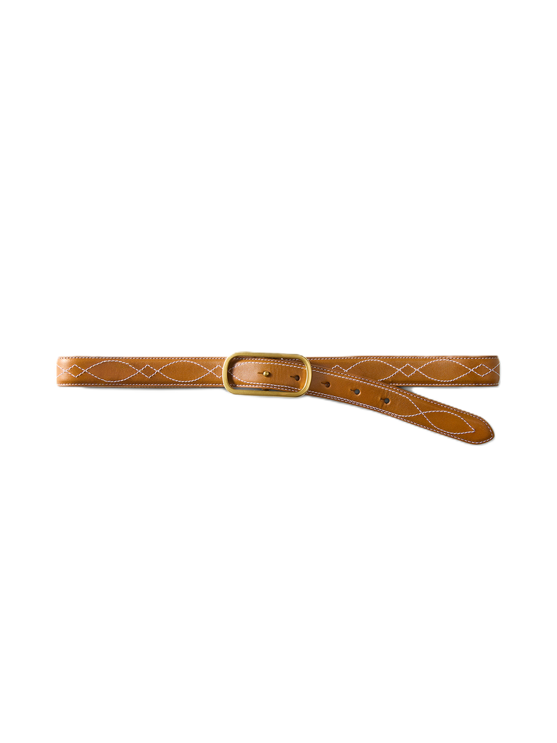 Veronica Beard Brown leather belt with gold buckle and white stitching.