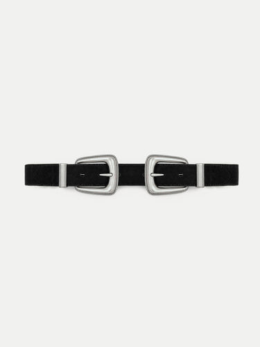 Veronica Beard Black suede belt with two silver buckles.