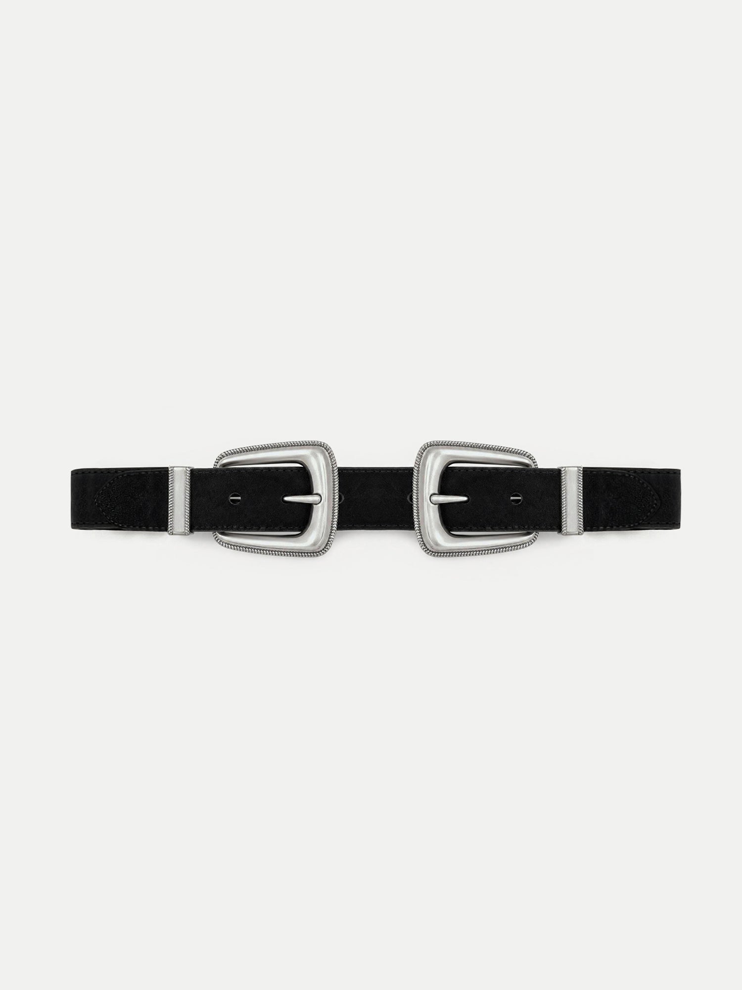 Veronica Beard Black suede belt with two silver buckles.