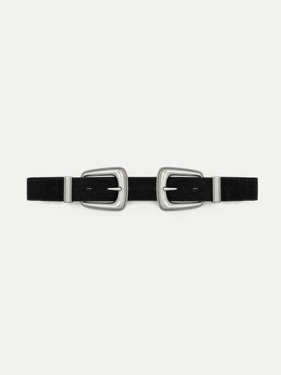 Veronica Beard Black suede belt with two silver buckles.