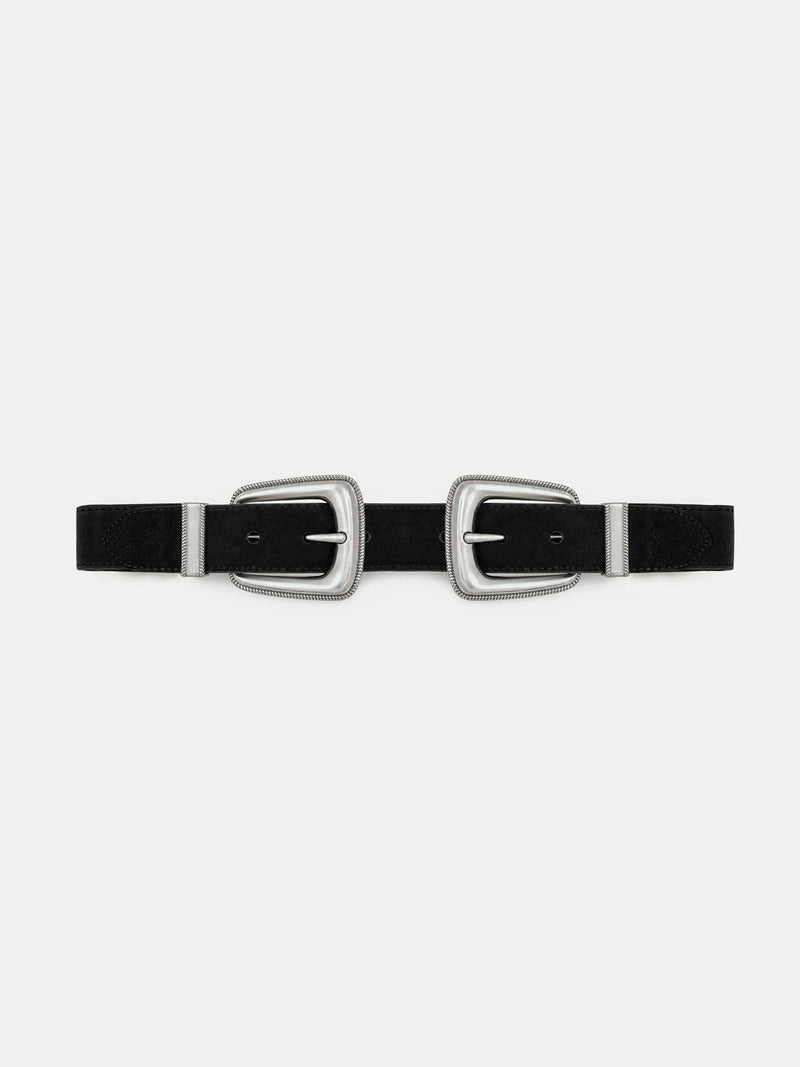 Veronica Beard Black suede belt with two silver buckles.