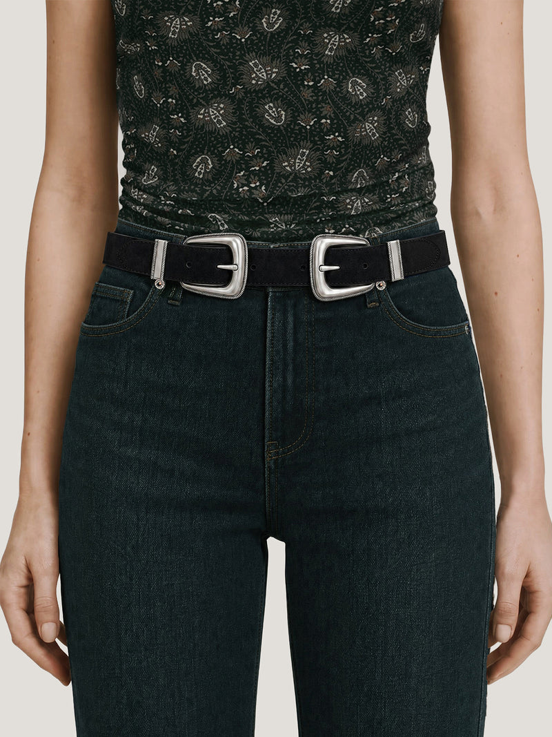 Veronica Beard Black double buckle belt with silver hardware.