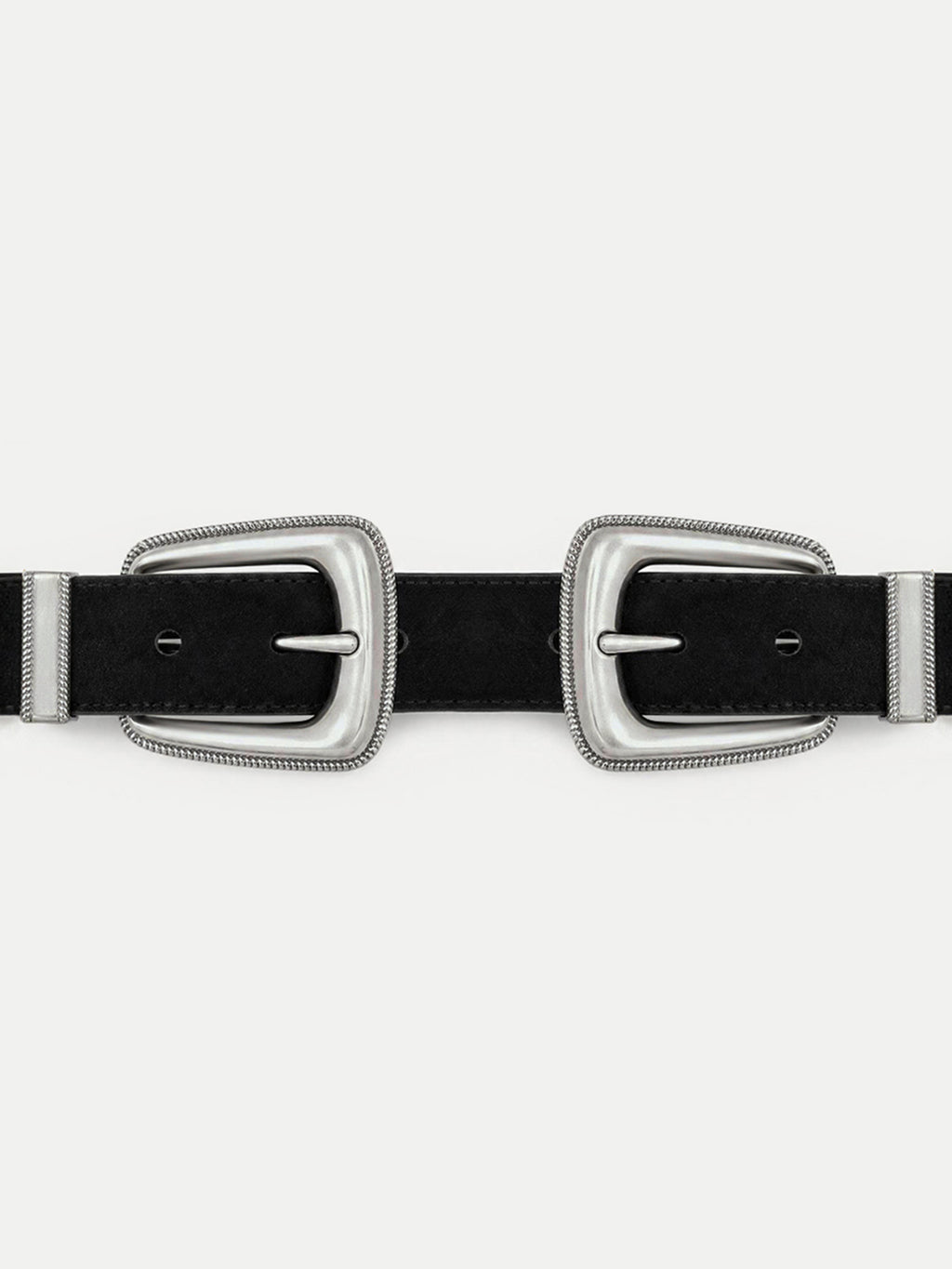 Veronica Beard Black suede belt with two silver buckles