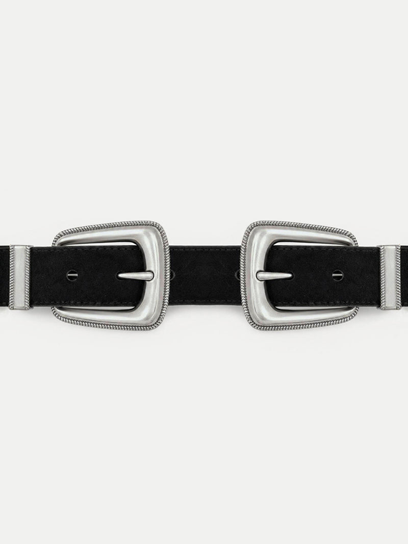 Veronica Beard Black suede belt with two silver buckles