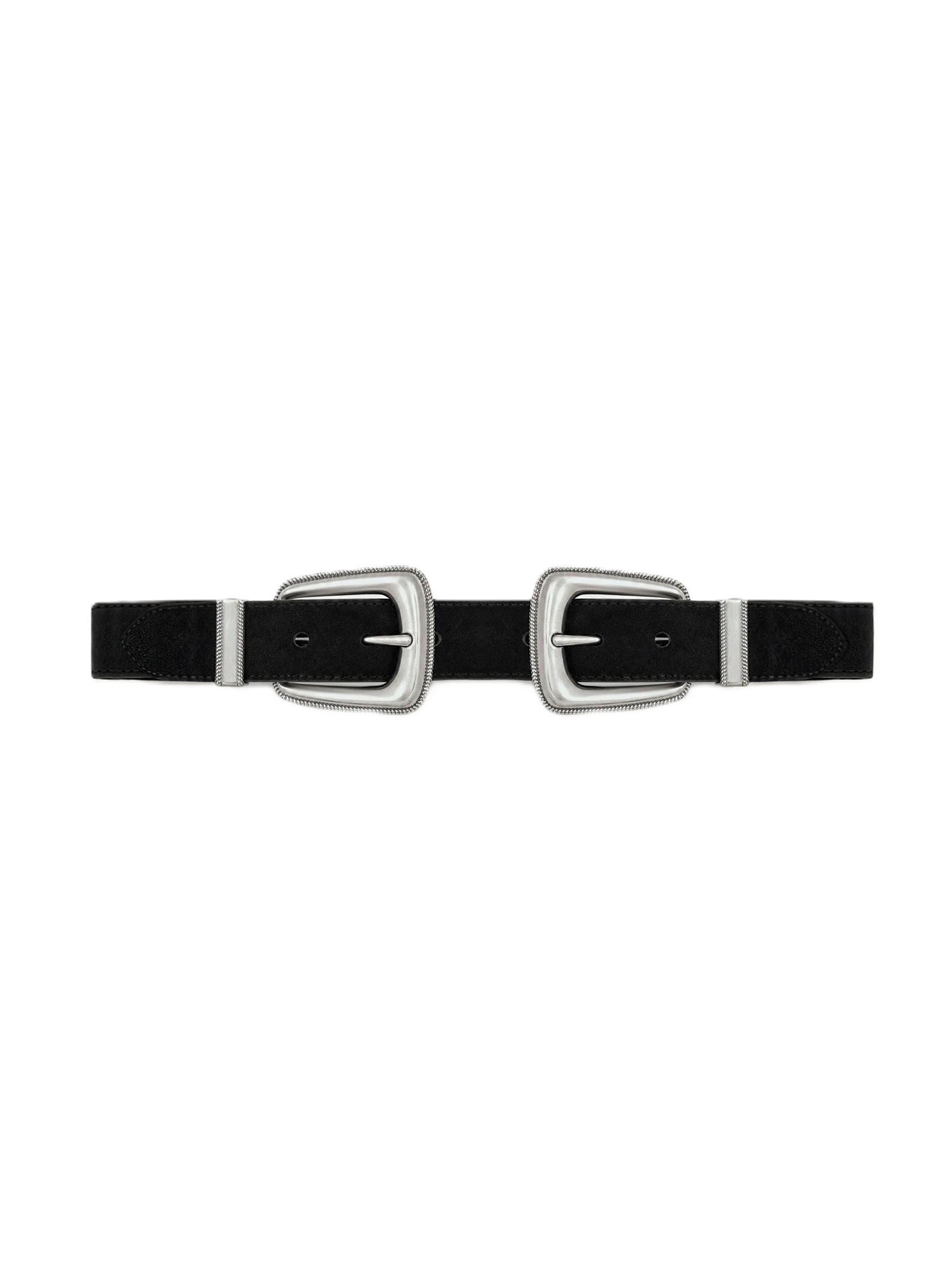 Veronica Beard Black suede belt with two silver buckles.