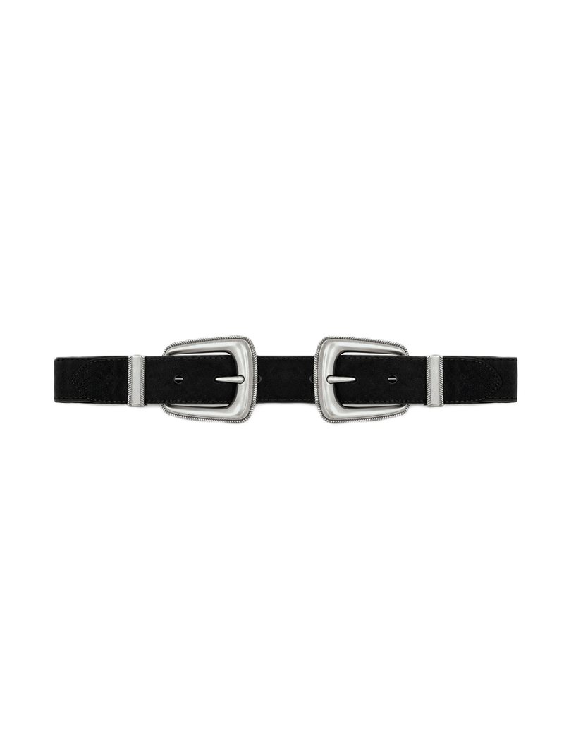 Veronica Beard Black suede belt with two silver buckles.