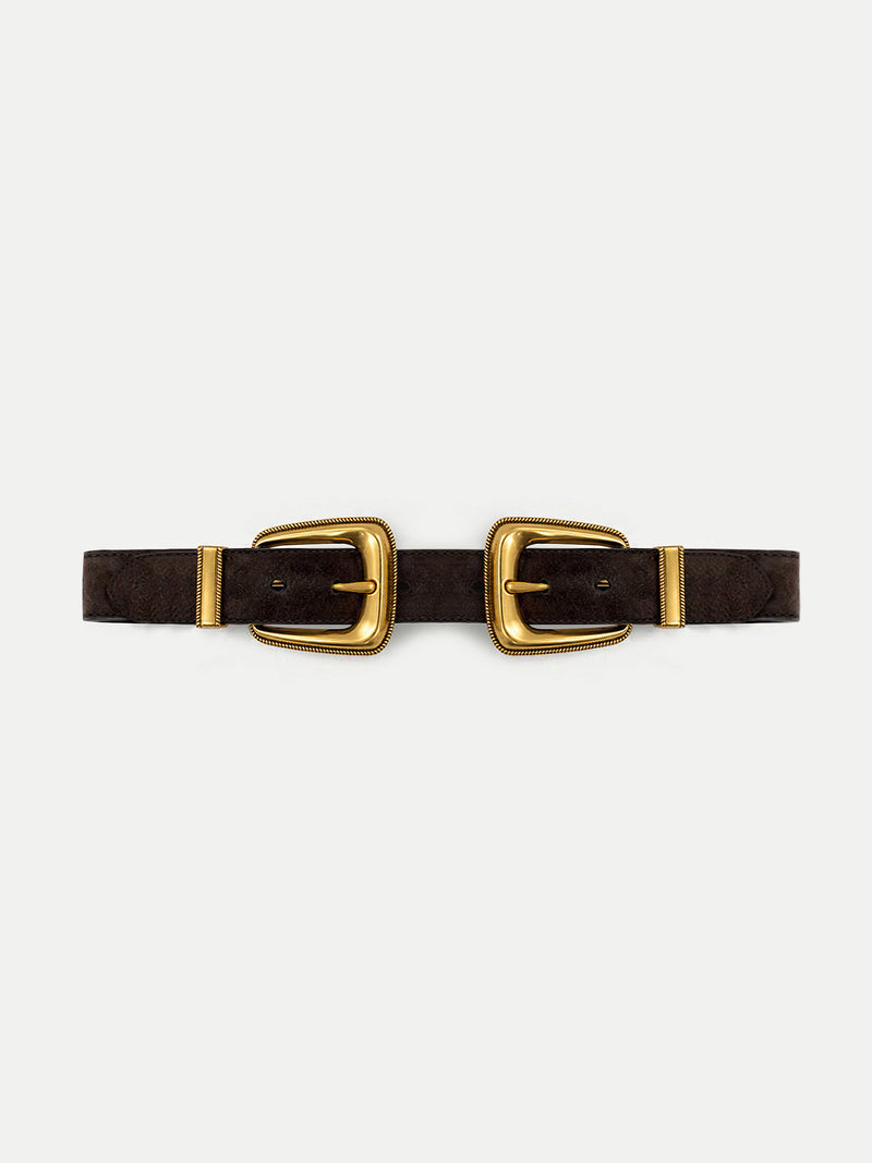 Veronica Beard Brown suede belt with two gold buckles