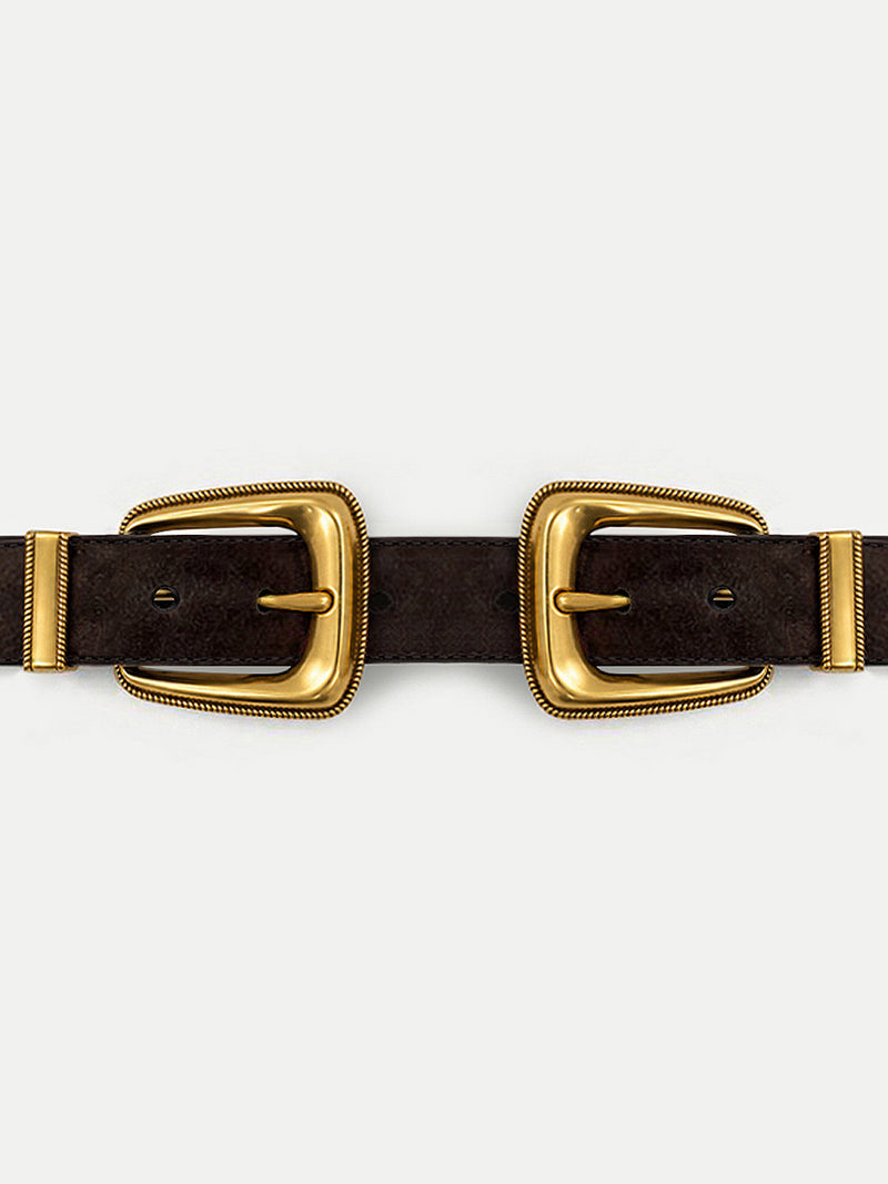 Veronica Beard Brown leather belt with two gold buckles