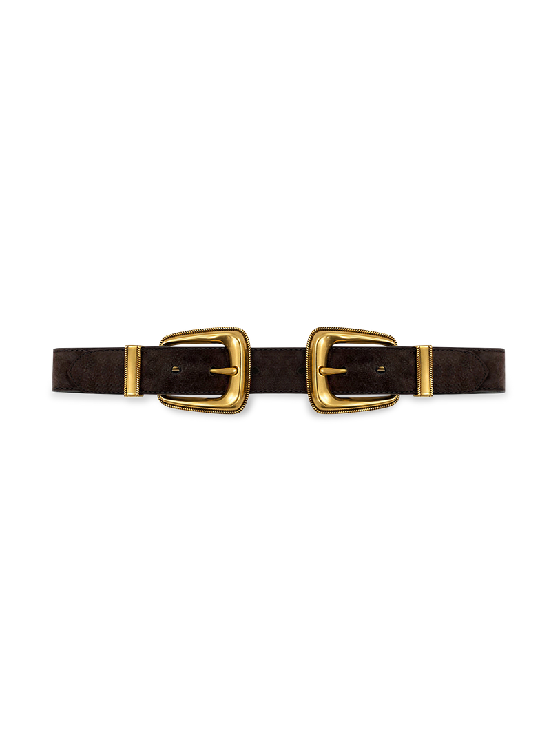 Veronica Beard Brown suede belt with two gold buckles